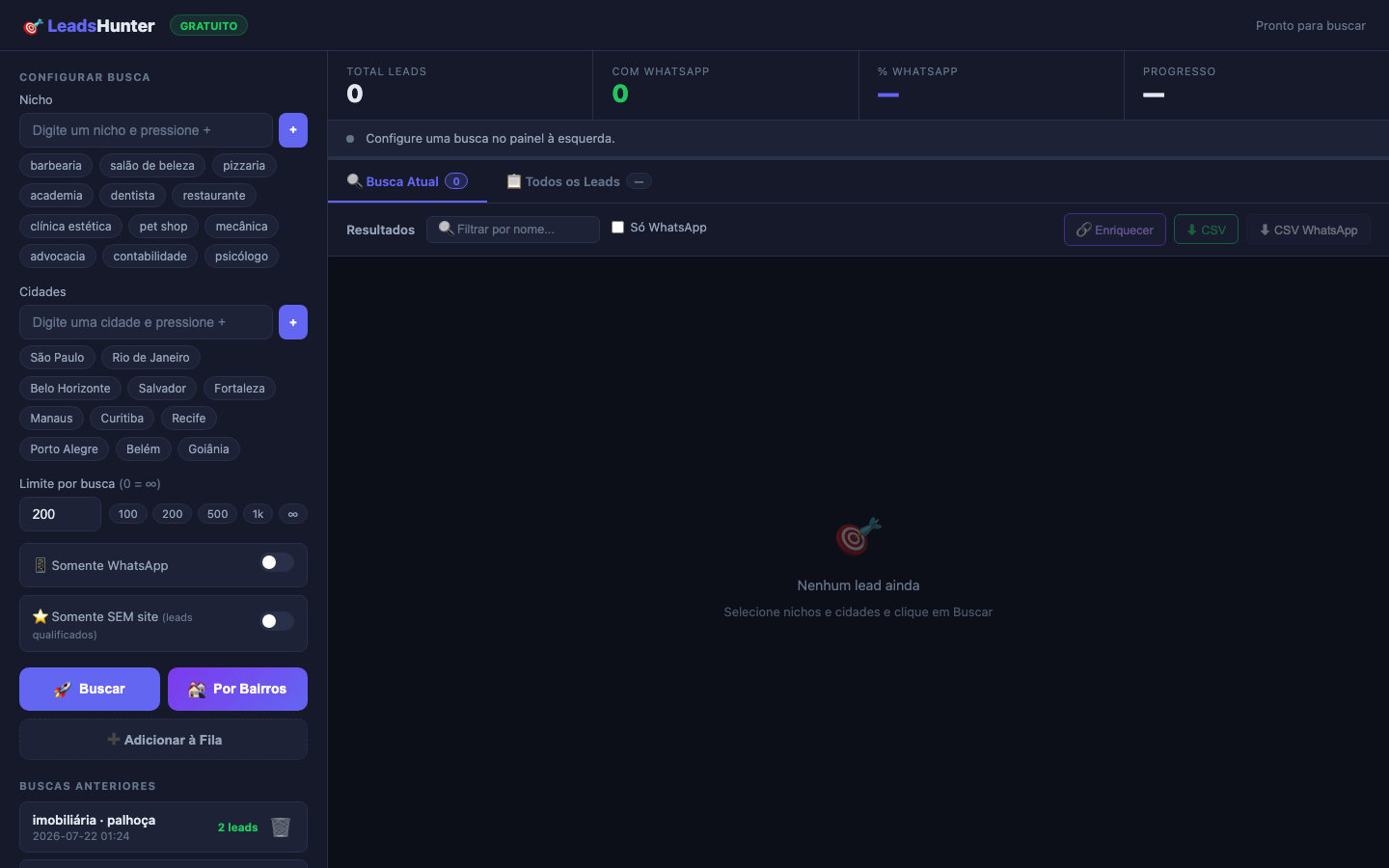 Tela de configuração de busca do LeadsHunter: nicho, cidades e limite